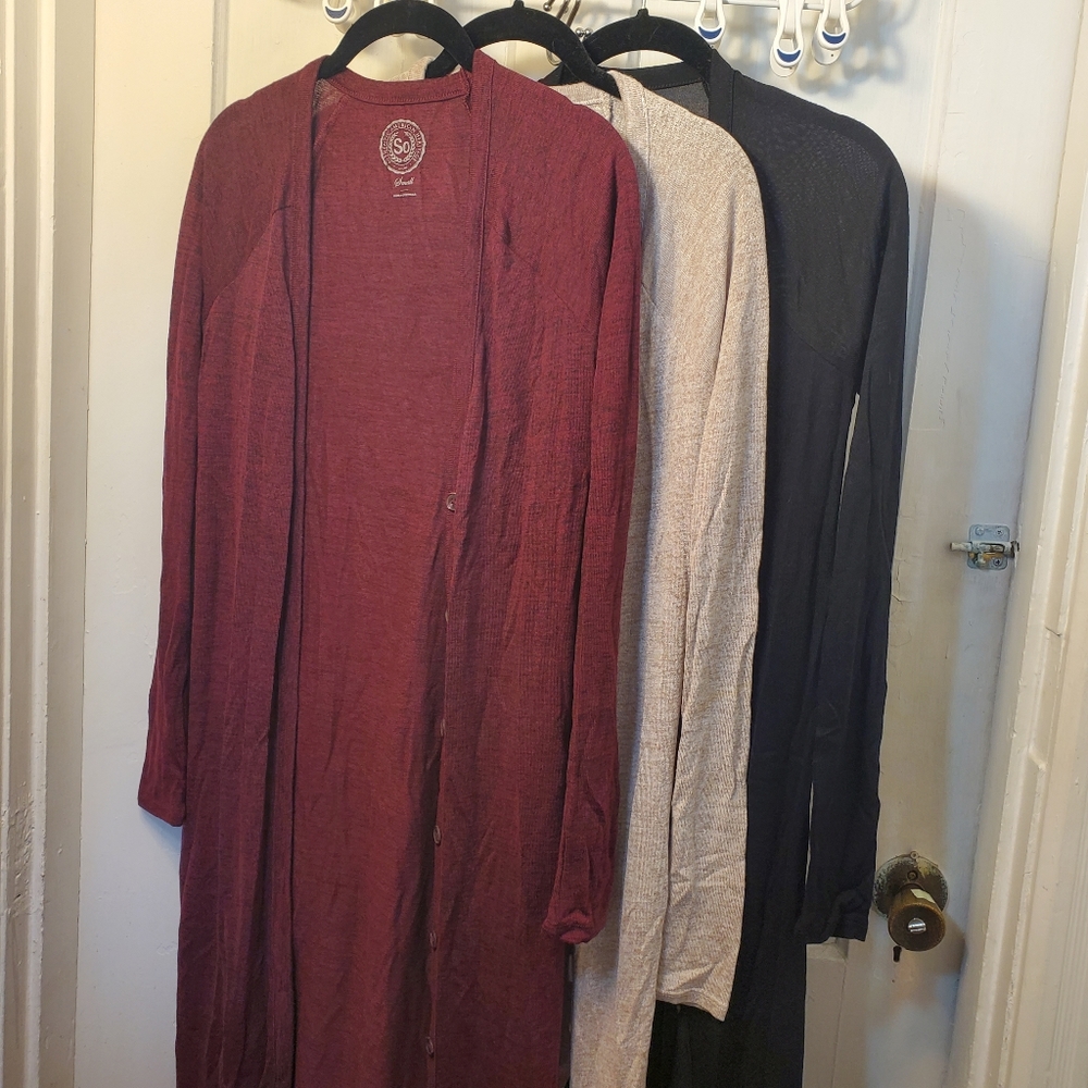 GONE TODAY! Set of 3 Long Cardigans Black Beige Cream Maroon NWOT Small